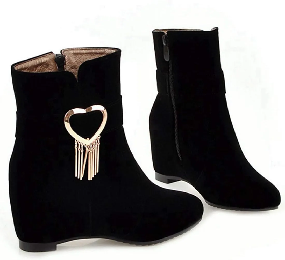 VOKLIN Women's Pointed Toe Wedge Dress Ankle Boots Metallic Suede Zipper Chunky Hidden Heels Short Booties