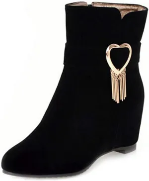 VOKLIN Women's Pointed Toe Wedge Dress Ankle Boots Metallic Suede Zipper Chunky Hidden Heels Short Booties