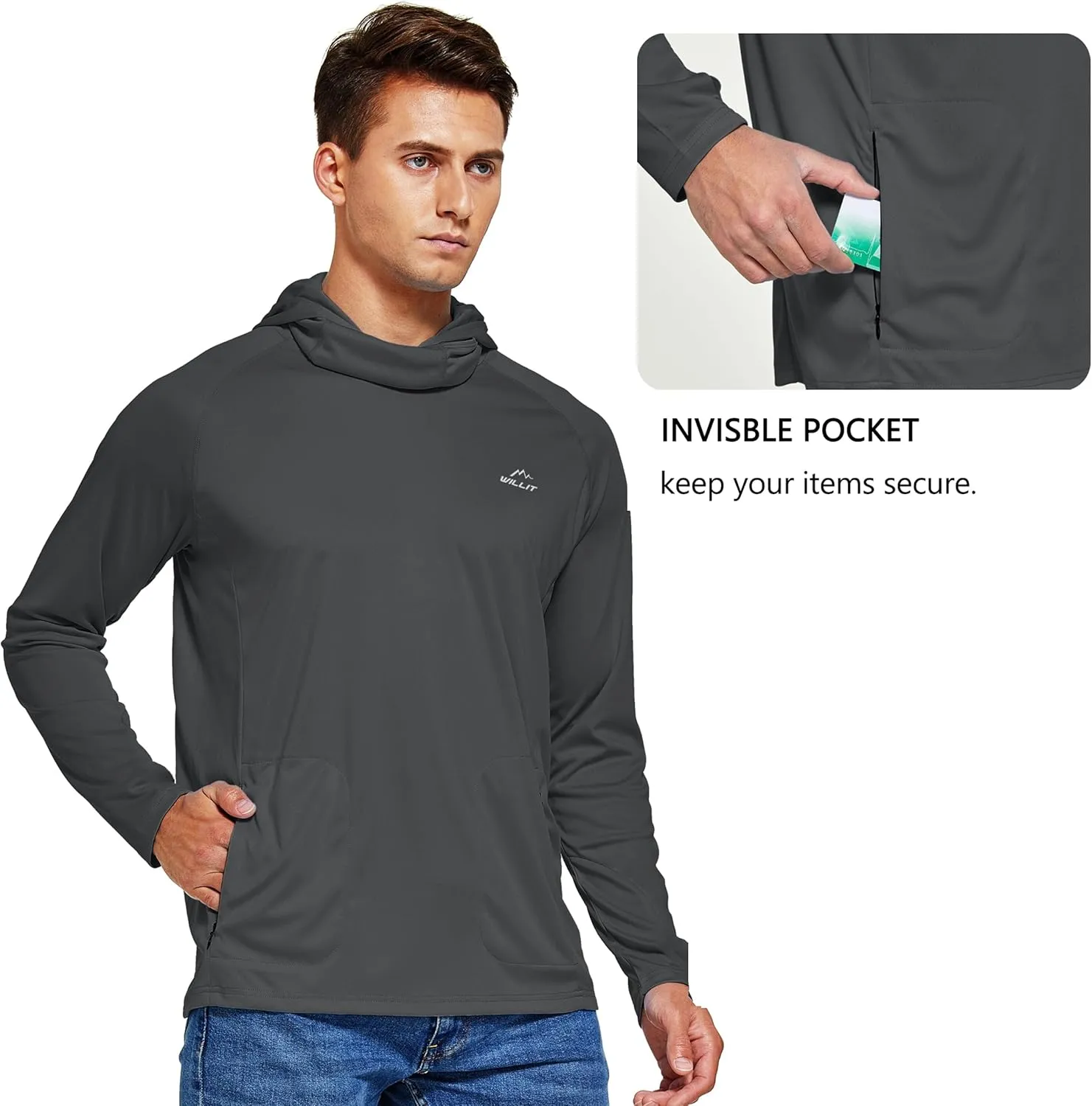 Willit Men's Sun Protection Hoodie UPF 50  Fishing Hiking Shirt Long Sleeve SPF UV Shirt Rash Guard Lightweight