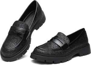Women Penny Loafers Casual Hollow Out Slip On Chunky Platform Loafers Work Shopping Travel Shoes (Black1 7)