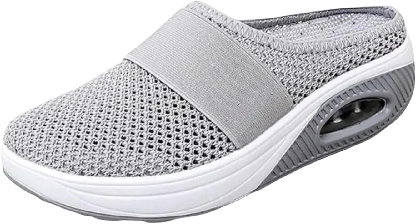 Womens Air Cushion Slip-On Orthopedic Diabetic Walking Shoes with Arch-Support Mesh Orthotic Comfortable Sneakers Slip-On Mule Open Back Breathable Lightweight Slippers