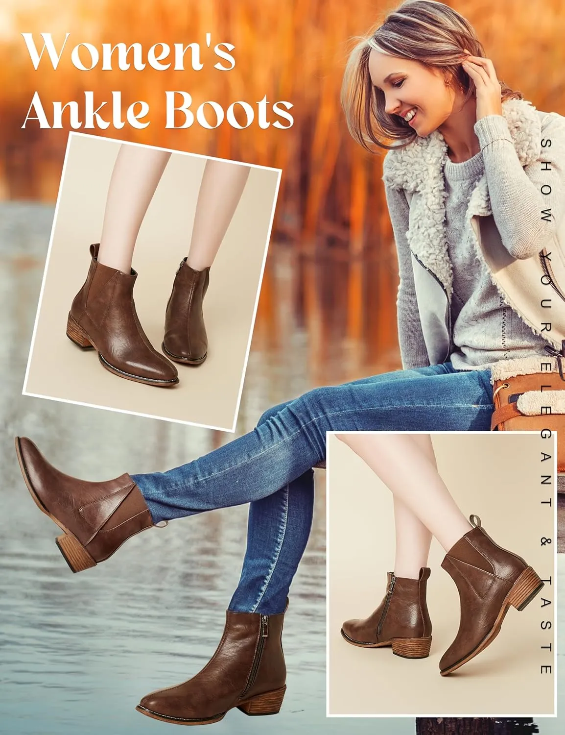 Women's Ankle Boots Mid-height Heels Chelsea Zipper Dressy Booties