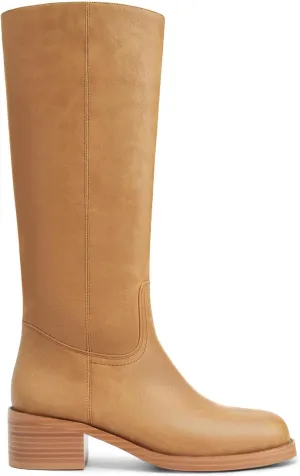Women's Banana Knee High Boots Square Toe Chunky Block Heel Comfortable Low Heel Pull on Wide Calf Riding Long Boots for Women