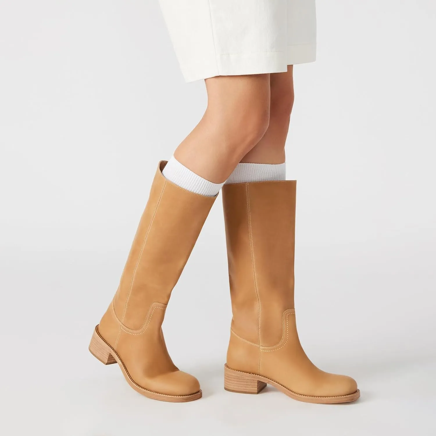 Women's Banana Knee High Boots Square Toe Chunky Block Heel Comfortable Low Heel Pull on Wide Calf Riding Long Boots for Women
