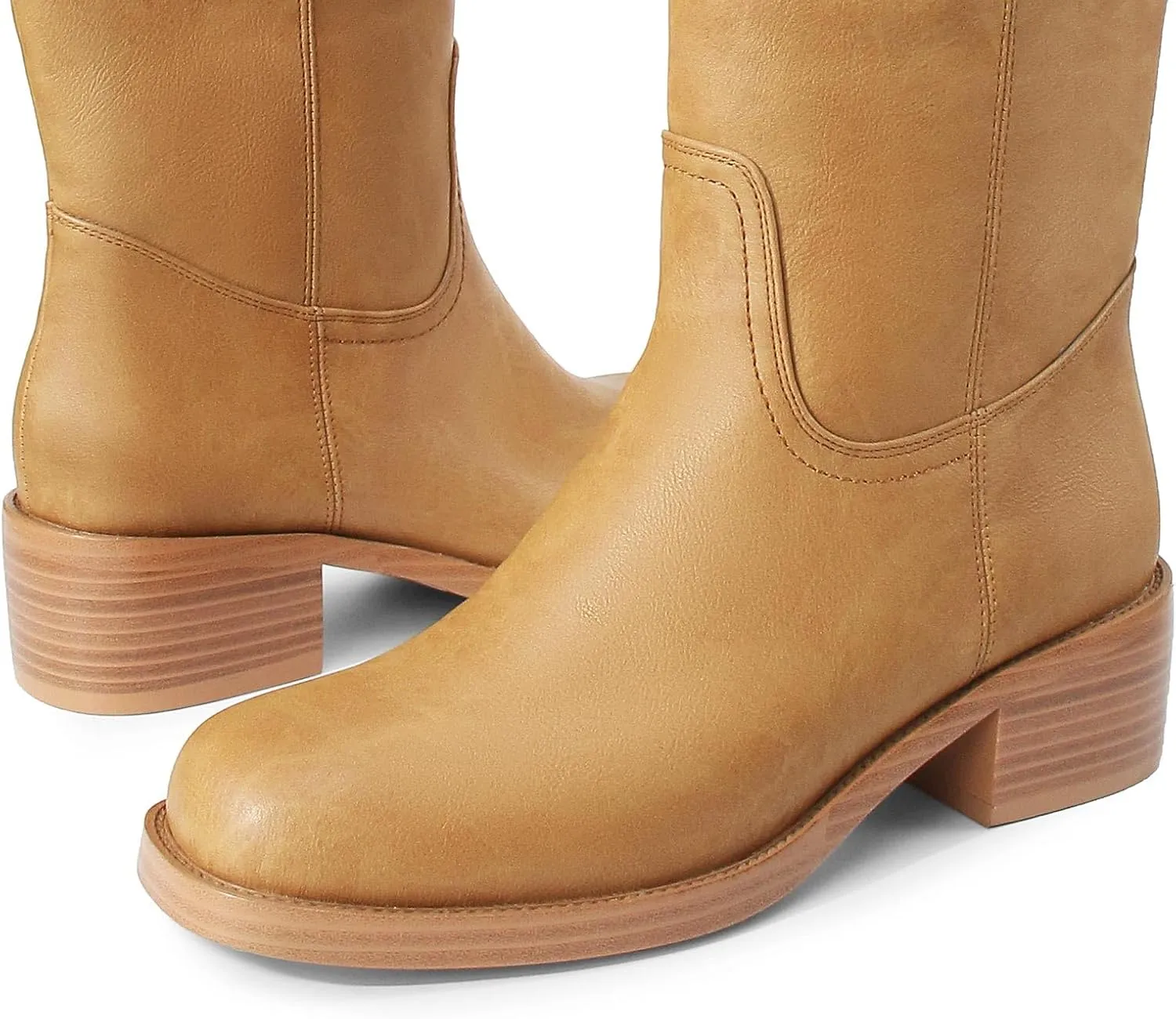 Women's Banana Knee High Boots Square Toe Chunky Block Heel Comfortable Low Heel Pull on Wide Calf Riding Long Boots for Women