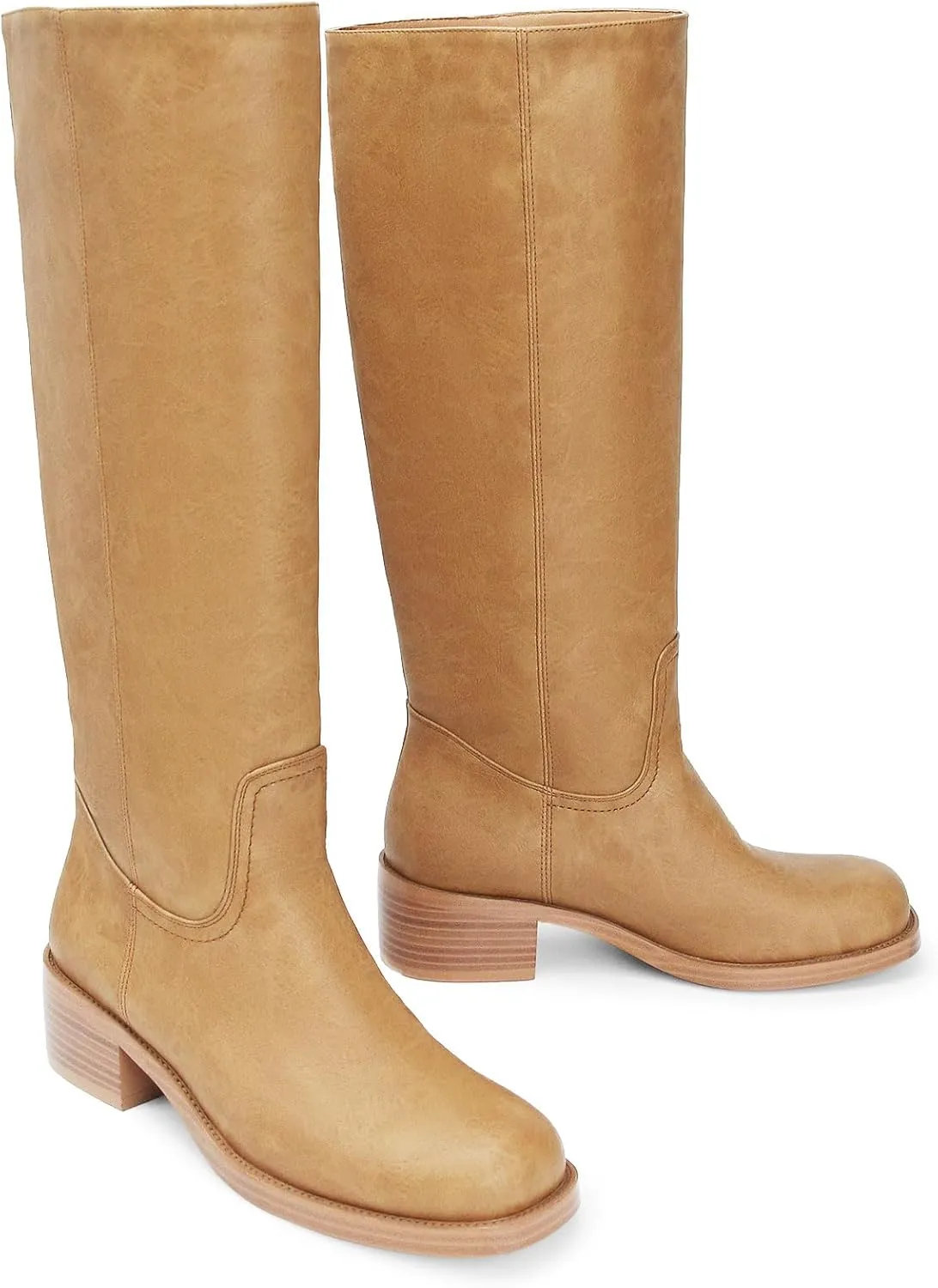 Women's Banana Knee High Boots Square Toe Chunky Block Heel Comfortable Low Heel Pull on Wide Calf Riding Long Boots for Women
