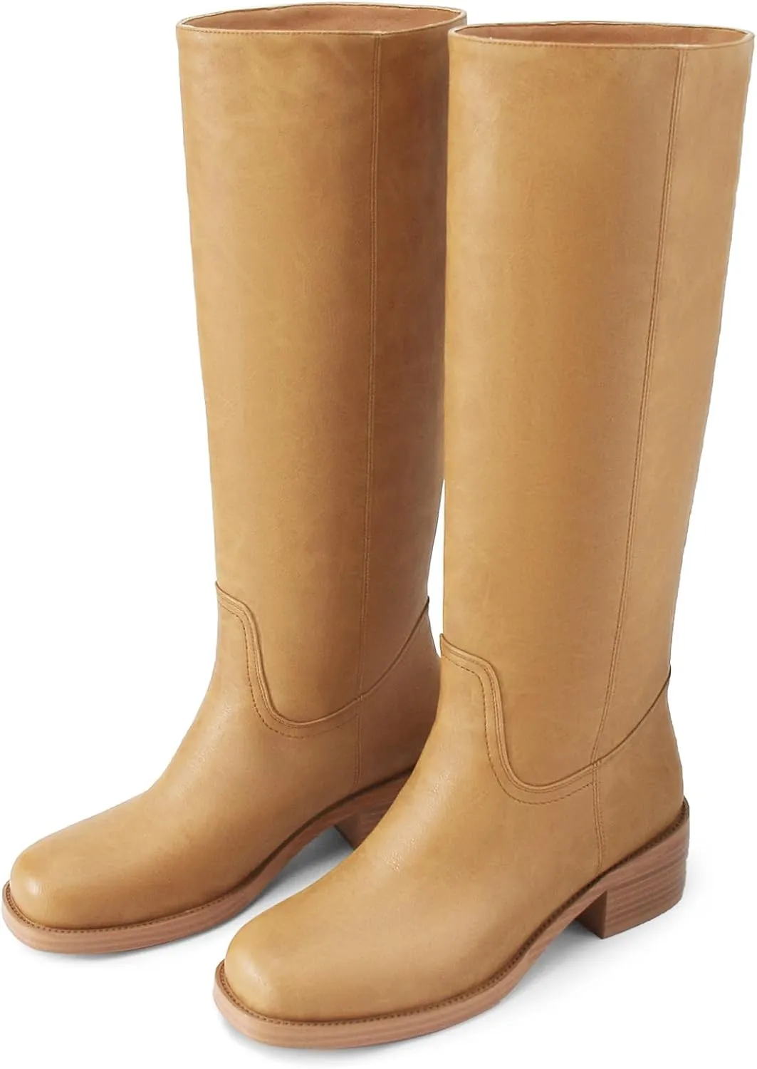 Women's Banana Knee High Boots Square Toe Chunky Block Heel Comfortable Low Heel Pull on Wide Calf Riding Long Boots for Women