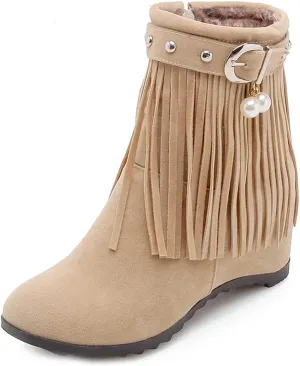 Women's Bohemian Fringe Mid Wedge Ankle Boots Suede Round Toe Zipper Booties Exotic Tassel Short Boot