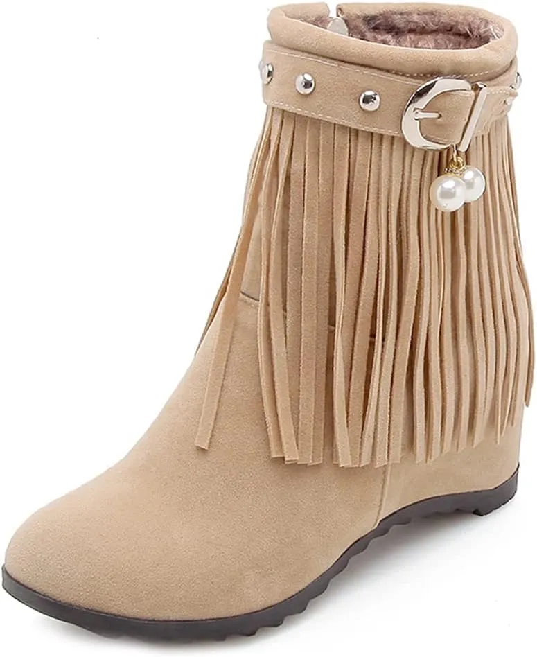 Women's Bohemian Fringe Mid Wedge Ankle Boots Suede Round Toe Zipper Booties Exotic Tassel Short Boot
