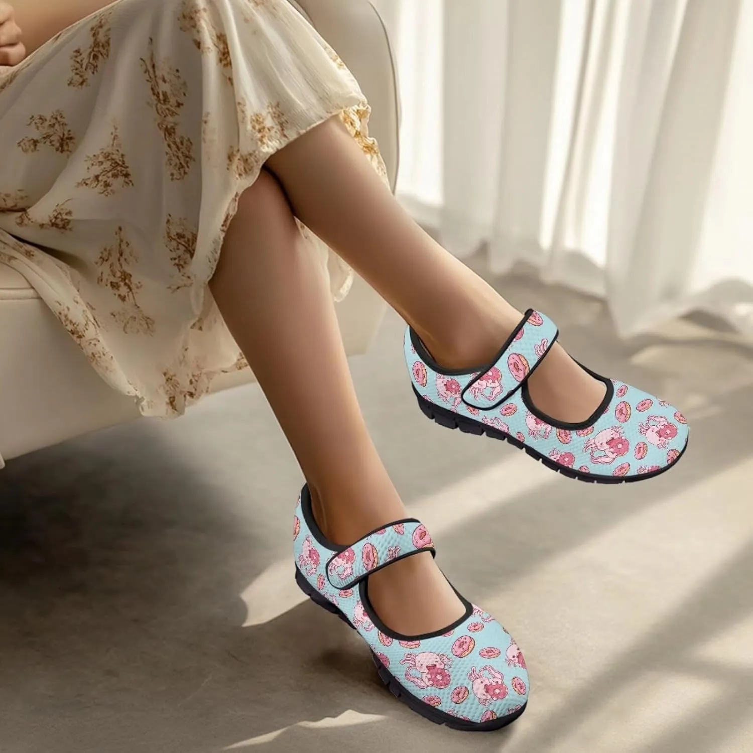 Women's Casual Walking Sneakers Lightweight Breathable Flat Mary Jane Shoes with One Strap