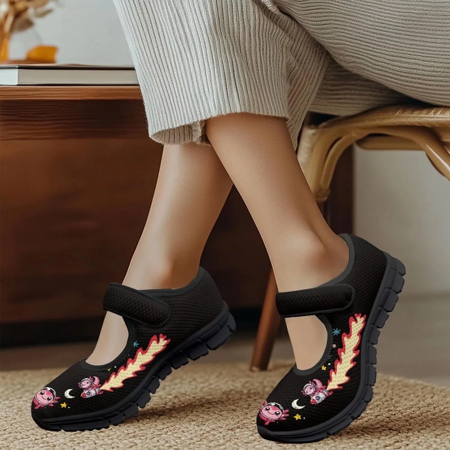 Women's Casual Walking Sneakers Lightweight Breathable Flat Mary Jane Shoes with One Strap