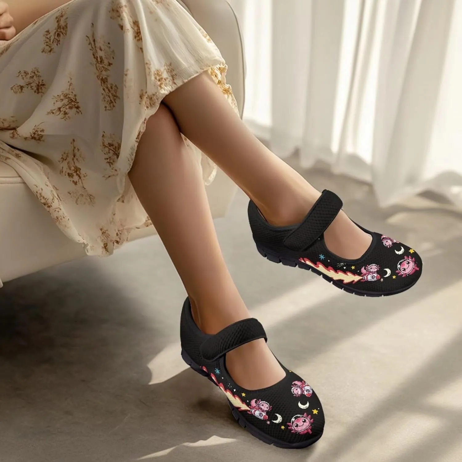 Women's Casual Walking Sneakers Lightweight Breathable Flat Mary Jane Shoes with One Strap