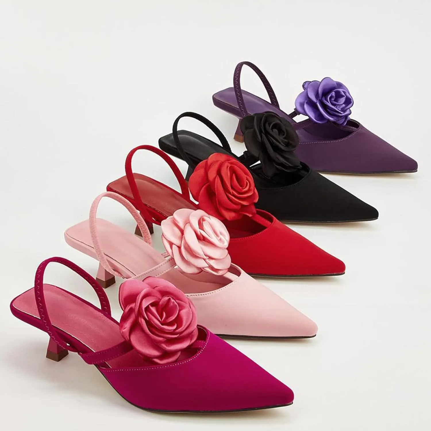 Women's Closed Pointed Toe 3D Flower Kitten Heel Mule Sandals Sexy One-Strap Non-Slip Slip-On Low Kitten Heeled Slingback Dress Prom Pumps for Wedding Party