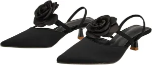 Women's Closed Pointed Toe 3D Flower Kitten Heel Mule Sandals Sexy One-Strap Non-Slip Slip-On Low Kitten Heeled Slingback Dress Prom Pumps for Wedding Party