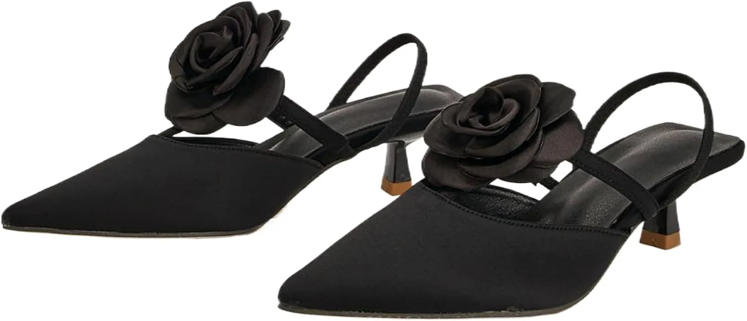 Women's Closed Pointed Toe 3D Flower Kitten Heel Mule Sandals Sexy One-Strap Non-Slip Slip-On Low Kitten Heeled Slingback Dress Prom Pumps for Wedding Party