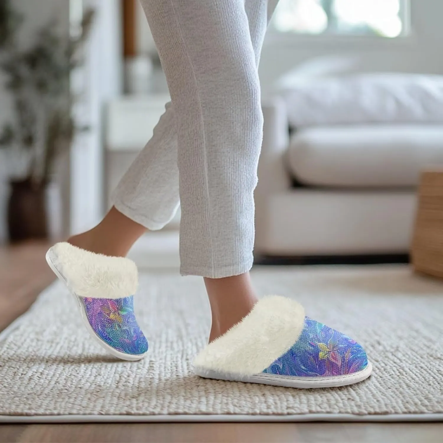 Women's Cotton Slippers Warm Plush Bedroom Shoes Breathable lightweight Slip On Non Slip Slides for Walking US 5-13 White Sole