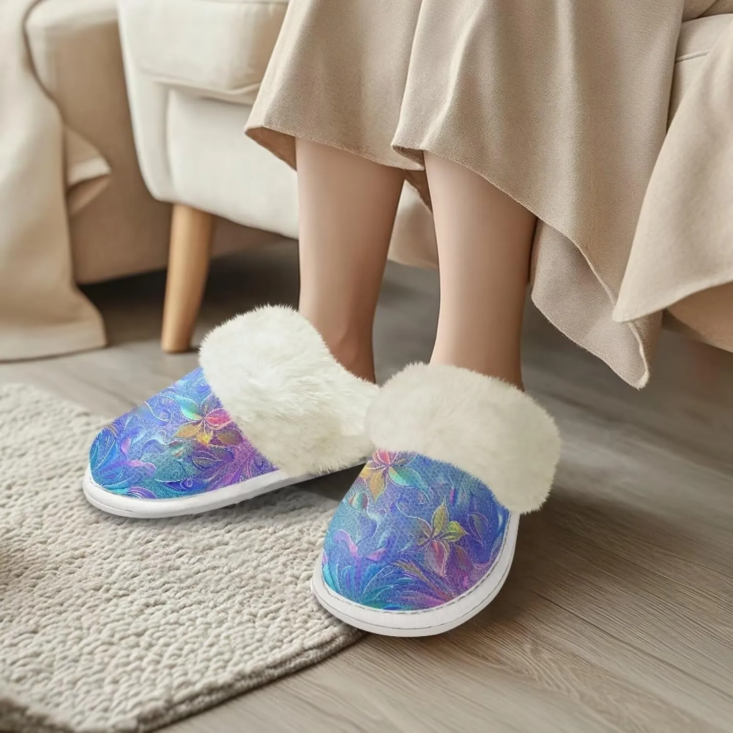 Women's Cotton Slippers Warm Plush Bedroom Shoes Breathable lightweight Slip On Non Slip Slides for Walking US 5-13 White Sole