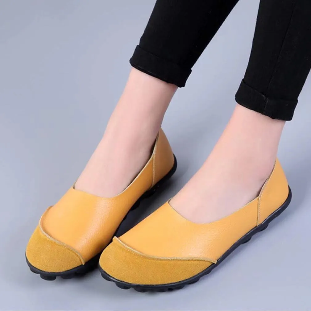 Women's Cowhide Leather Slip-On Moccasins Shoes Flat Slipper Loafers