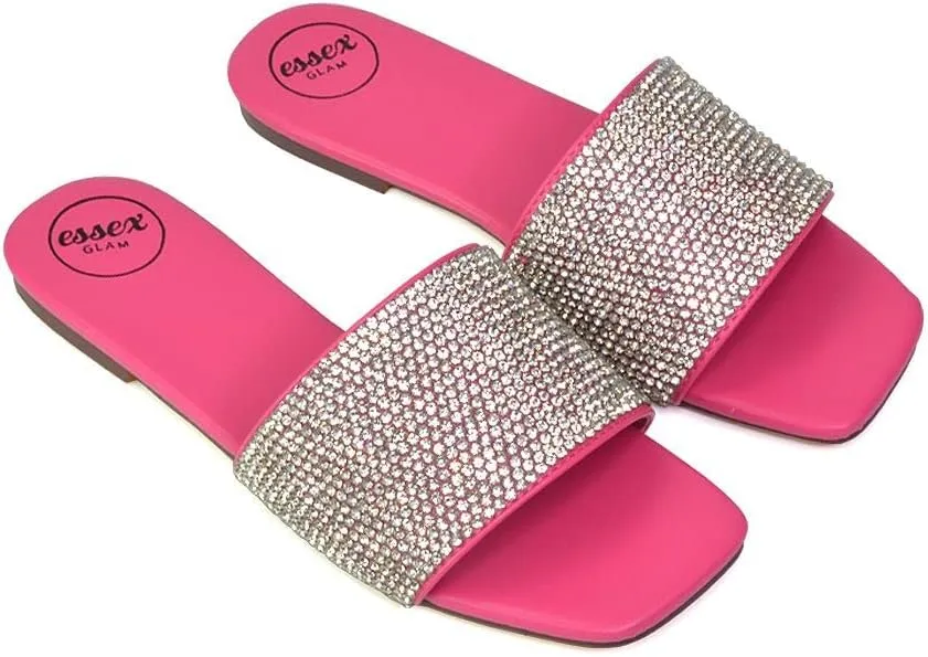 Womens Flat Slip On Slider Ladies Sparkly Square Open Toe Summer Mule Sandals Shoes Size 3-8