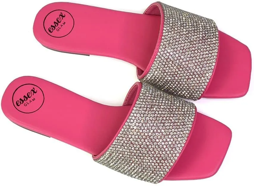 Womens Flat Slip On Slider Ladies Sparkly Square Open Toe Summer Mule Sandals Shoes Size 3-8