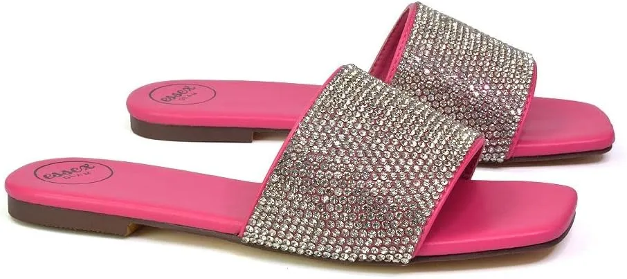 Womens Flat Slip On Slider Ladies Sparkly Square Open Toe Summer Mule Sandals Shoes Size 3-8
