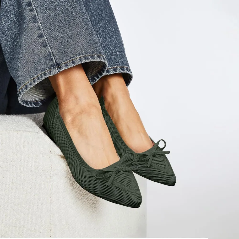 Women's Flats Pointed Toe Bow Knit Ballet Shoes Comfortable Dressy Mesh Slip On Flat