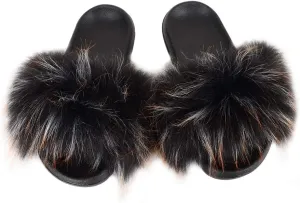 Women's Fur Slide Slipper Sandal with Soft Furry Faux Fox Fur Lovely House Outdoor Slippers for Ladies Multicolor