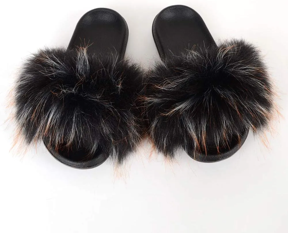 Women's Fur Slide Slipper Sandal with Soft Furry Faux Fox Fur Lovely House Outdoor Slippers for Ladies Multicolor