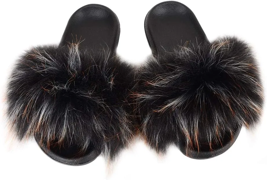 Women's Fur Slide Slipper Sandal with Soft Furry Faux Fox Fur Lovely House Outdoor Slippers for Ladies Multicolor