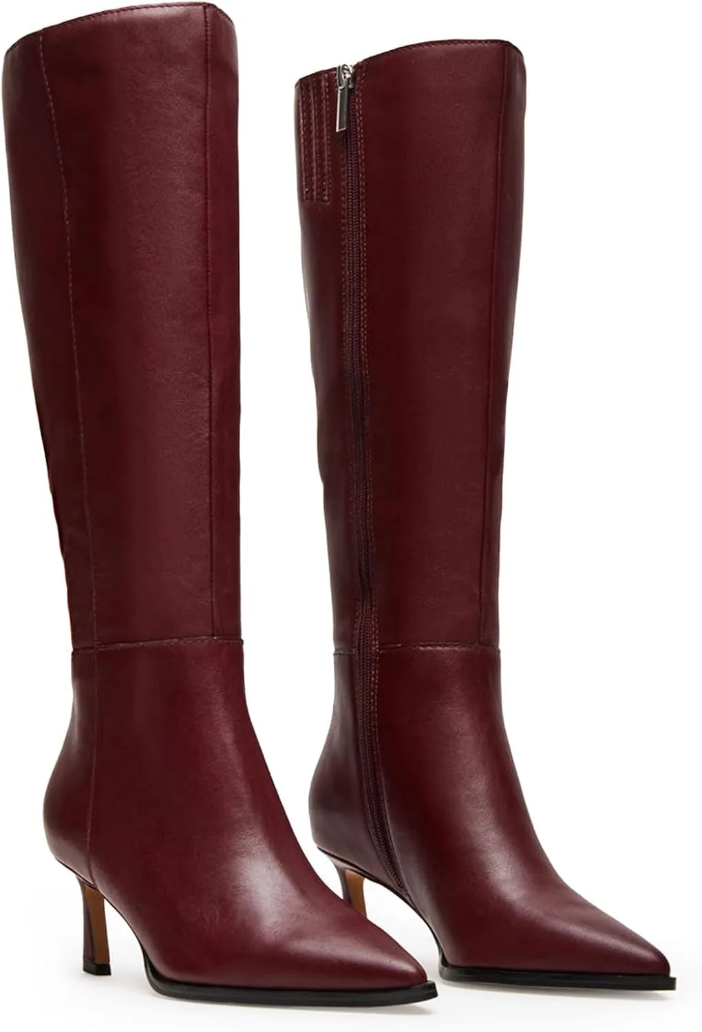 Womens Knee High Boots Kitten Heel Pointed Toe Faux Leather Long Boots Stiletto Side Zipper Comfortable Tall Boot