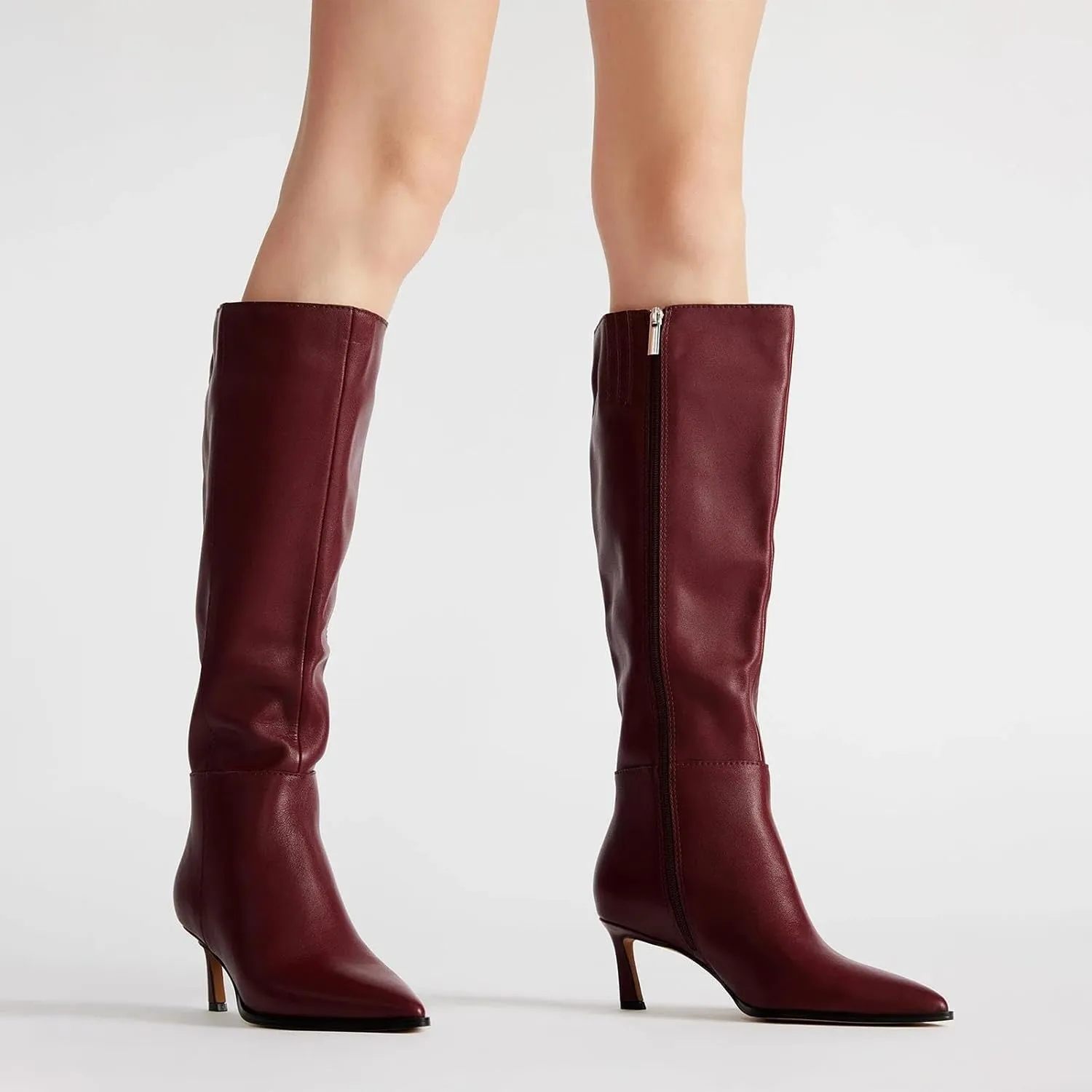 Womens Knee High Boots Kitten Heel Pointed Toe Faux Leather Long Boots Stiletto Side Zipper Comfortable Tall Boot