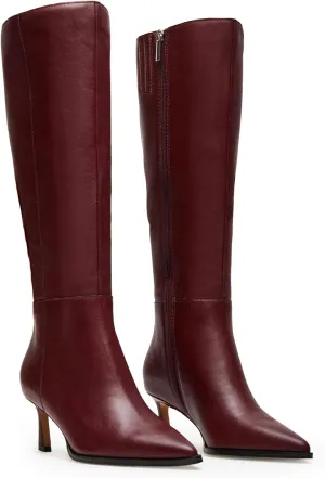 Womens Knee High Boots Kitten Heel Pointed Toe Faux Leather Long Boots Stiletto Side Zipper Comfortable Tall Boot