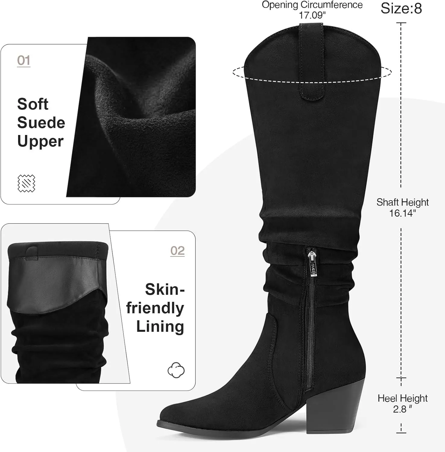 Women's Knee High Slouchy Boots Flat Tall Boots for Women Pull On Fall Boots with Side Zipper