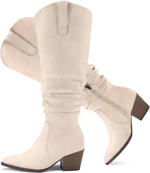 Women's Knee High Slouchy Boots Flat Tall Boots for Women Pull On Fall Boots with Side Zipper