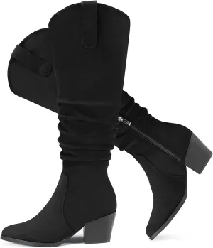 Women's Knee High Slouchy Boots Flat Tall Boots for Women Pull On Fall Boots with Side Zipper