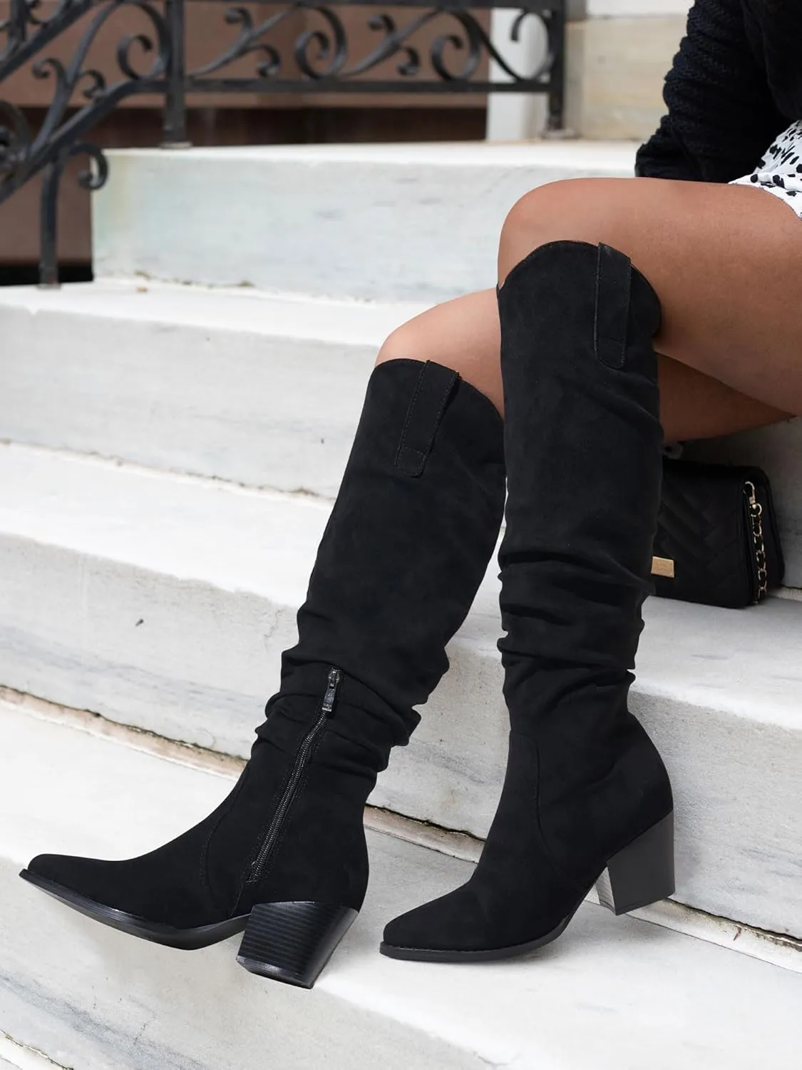 Women's Knee High Slouchy Boots Flat Tall Boots for Women Pull On Fall Boots with Side Zipper
