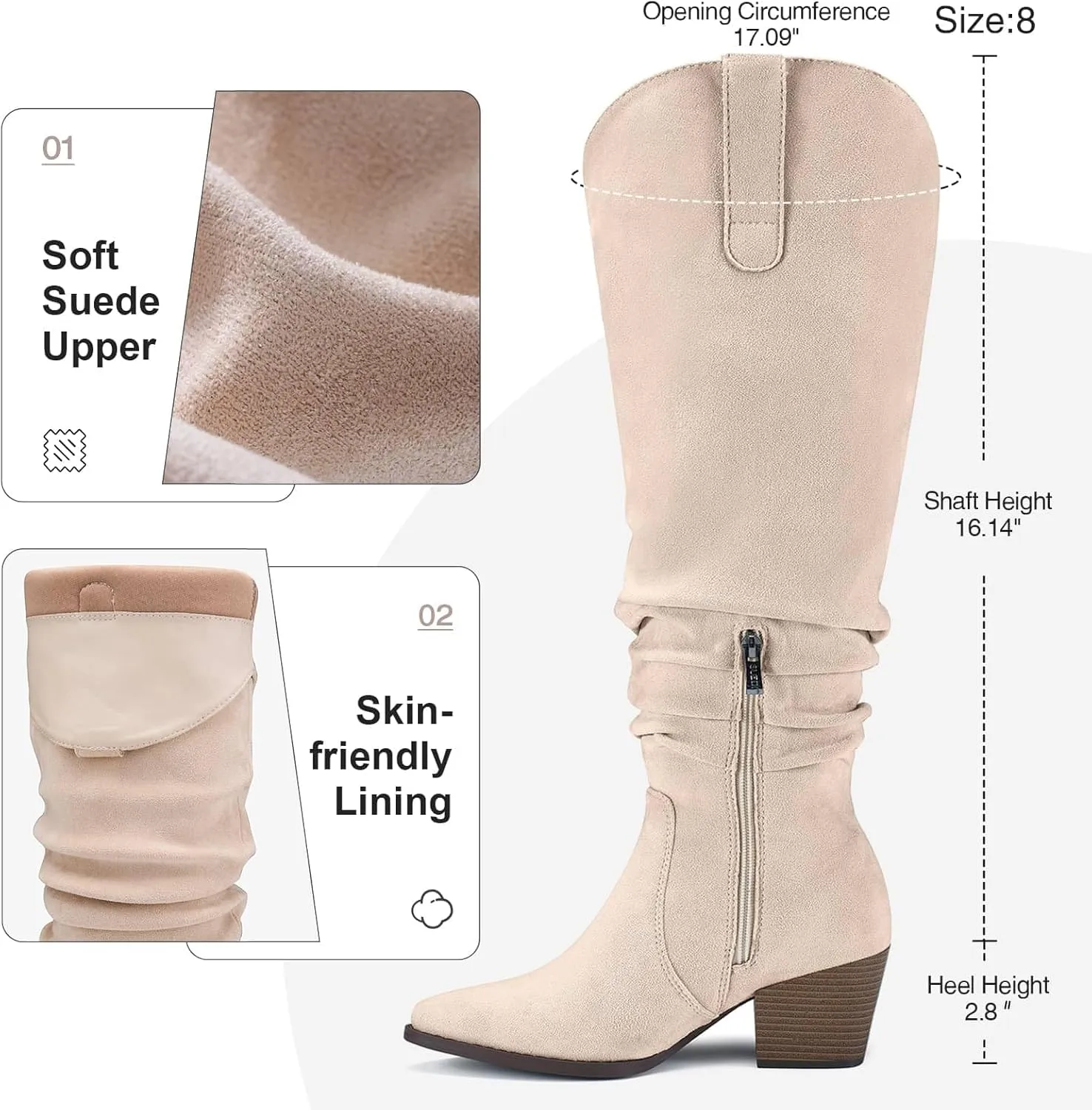 Women's Knee High Slouchy Boots Flat Tall Boots for Women Pull On Fall Boots with Side Zipper