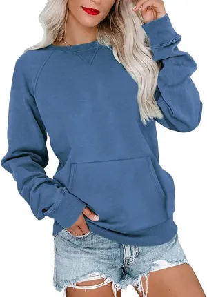 Womens Long Sleeve Sweatshirt Casual Crewneck Cute Pullover Tops Lightweight Sweatshirt with Pocket