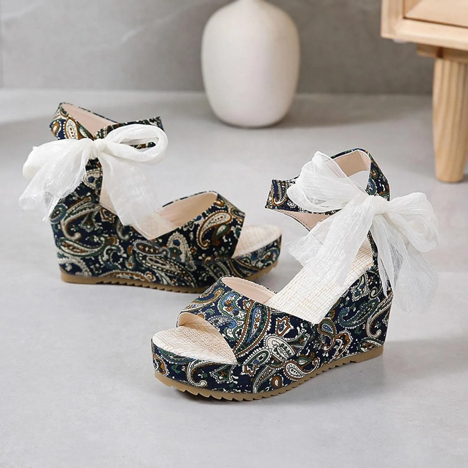 Women's Platform Sandals Wedge Open Toe Ankle Strap Lace Wedding Bridesmaid Shoes Close Toe Dressy Wide Width Lightweight