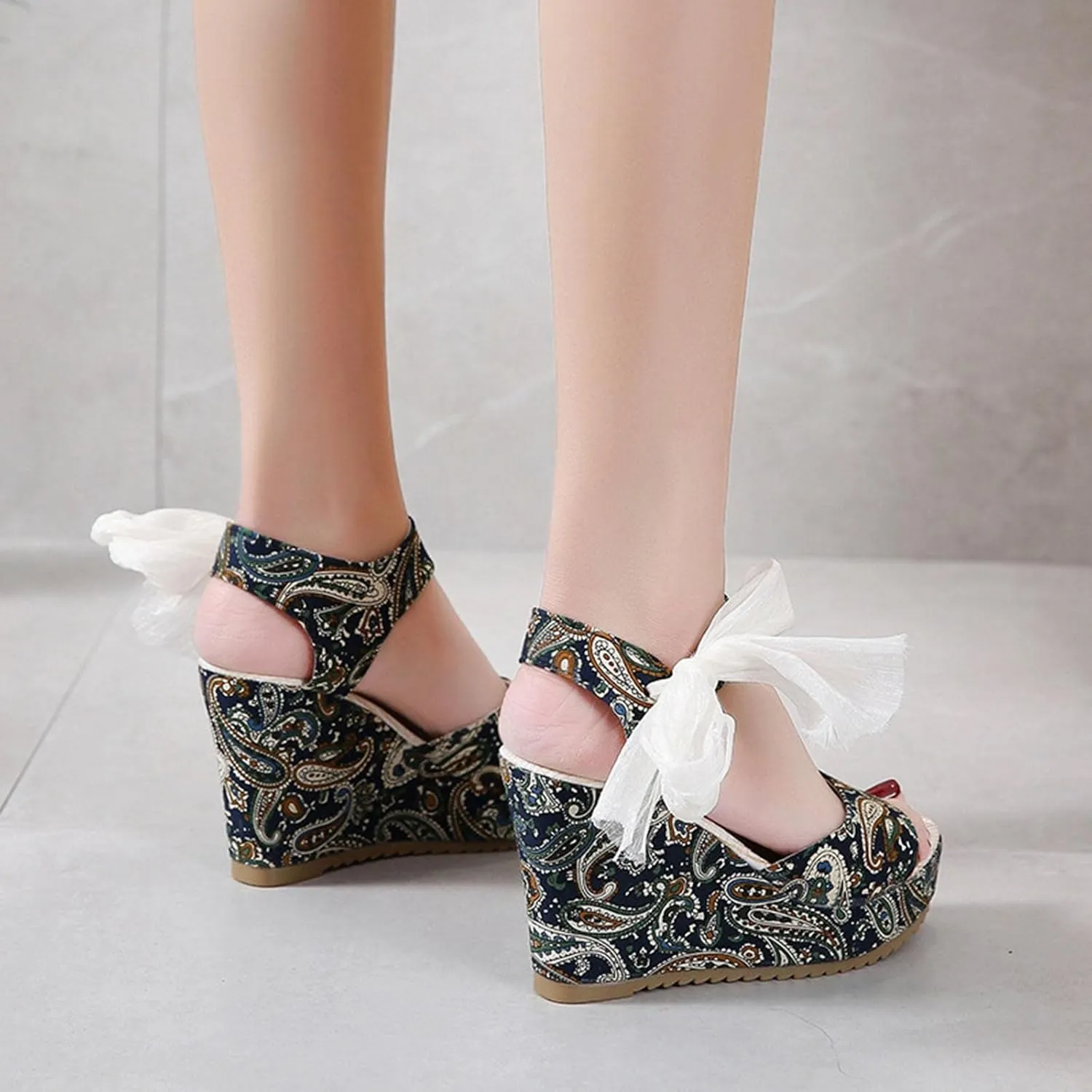Women's Platform Sandals Wedge Open Toe Ankle Strap Lace Wedding Bridesmaid Shoes Close Toe Dressy Wide Width Lightweight