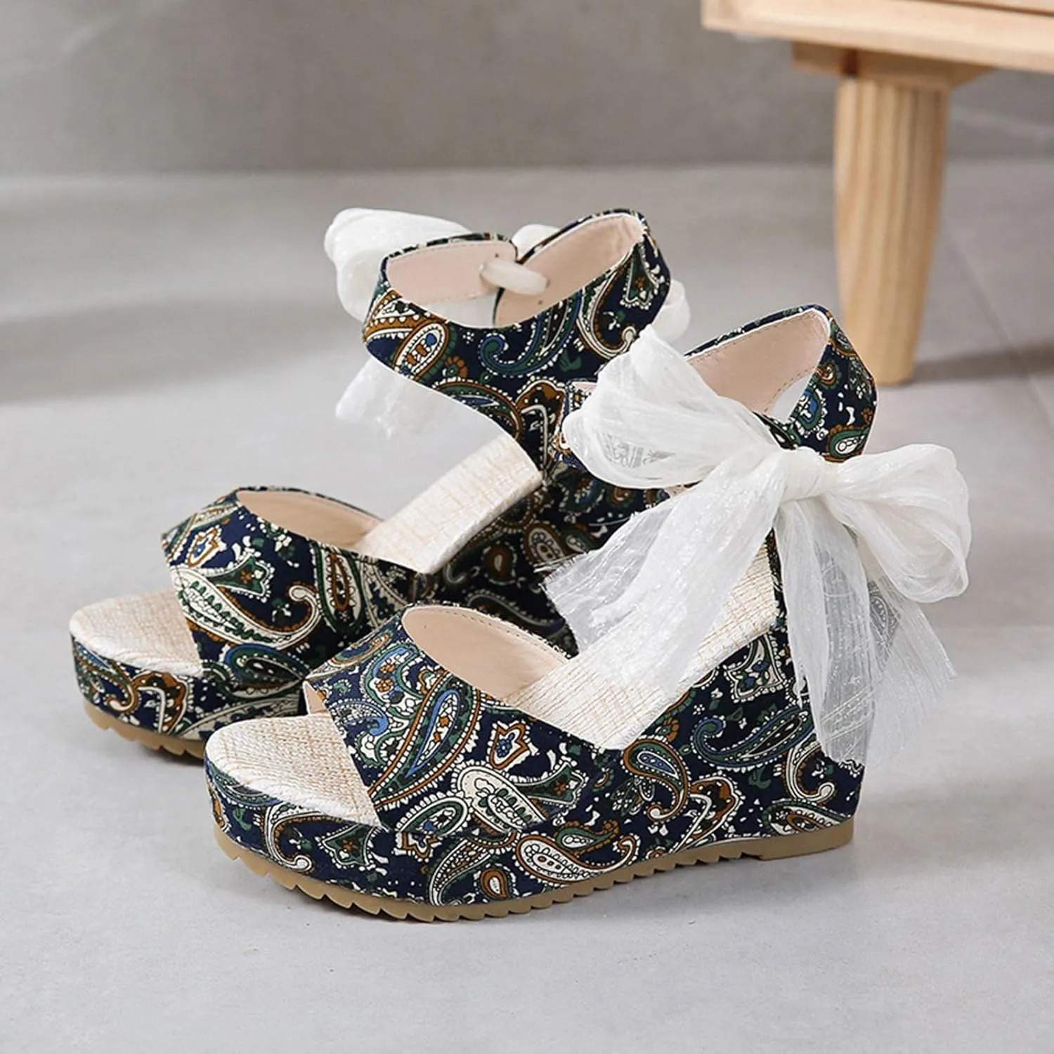 Women's Platform Sandals Wedge Open Toe Ankle Strap Lace Wedding Bridesmaid Shoes Close Toe Dressy Wide Width Lightweight