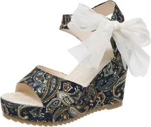 Women's Platform Sandals Wedge Open Toe Ankle Strap Lace Wedding Bridesmaid Shoes Close Toe Dressy Wide Width Lightweight