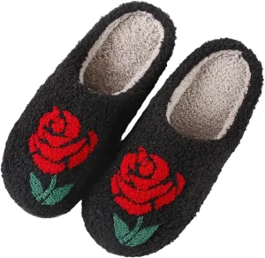 Women's Plush Warm Rose Flowers Slippers Cute Slip-on Cozy Fuzzy House Cotton Slippers