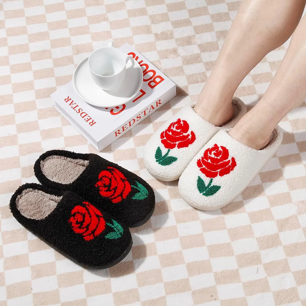 Women's Plush Warm Rose Flowers Slippers Cute Slip-on Cozy Fuzzy House Cotton Slippers