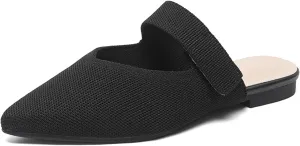 Women's Pointed Toe Flat Mules Adjustable Hook Loop Backless Slip-On Sandals Lightweight Comfort Breathable Knit Mesh Slides for Indoor & Outdoor Daily Wear