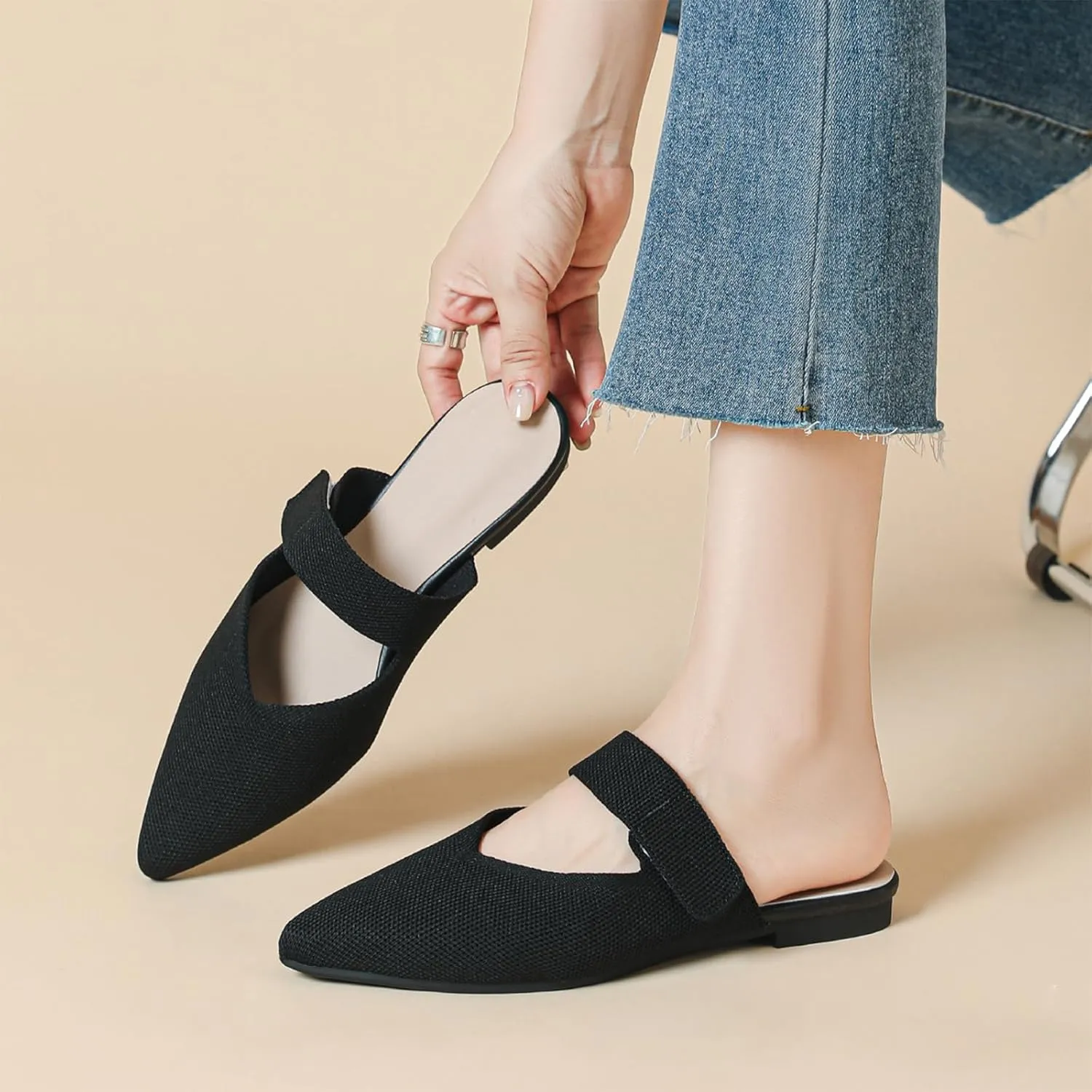 Women's Pointed Toe Flat Mules Adjustable Hook Loop Backless Slip-On Sandals Lightweight Comfort Breathable Knit Mesh Slides for Indoor & Outdoor Daily Wear
