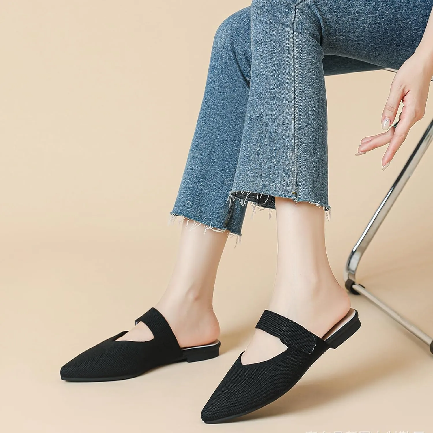 Women's Pointed Toe Flat Mules Adjustable Hook Loop Backless Slip-On Sandals Lightweight Comfort Breathable Knit Mesh Slides for Indoor & Outdoor Daily Wear