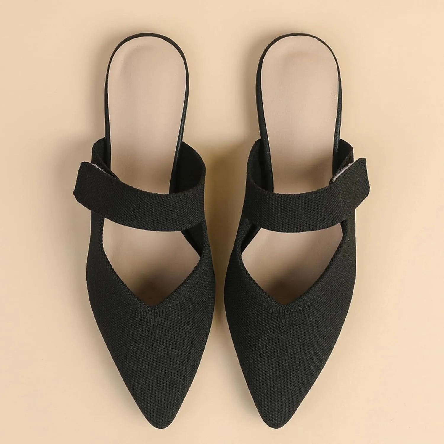 Women's Pointed Toe Flat Mules Adjustable Hook Loop Backless Slip-On Sandals Lightweight Comfort Breathable Knit Mesh Slides for Indoor & Outdoor Daily Wear