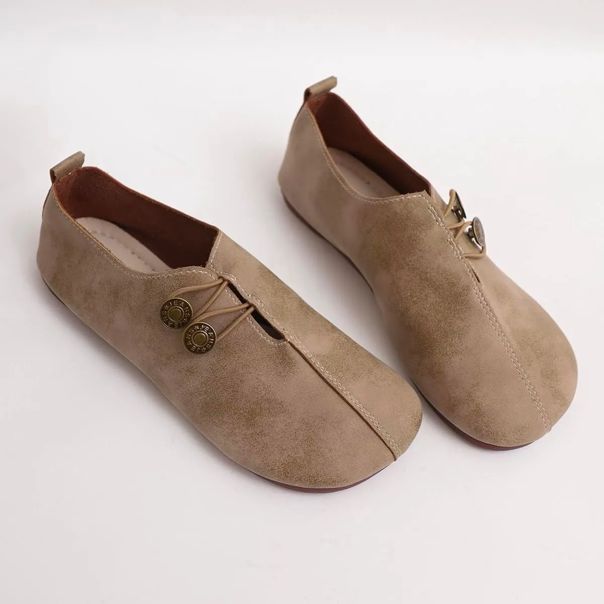 Women's Shoes - Khaki Flat Shoes with Button Detail for Everyday Elegance