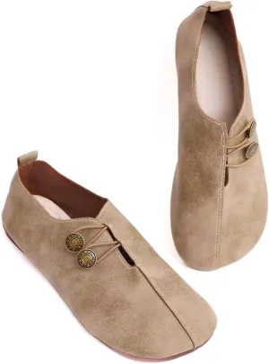 Women's Shoes - Khaki Flat Shoes with Button Detail for Everyday Elegance